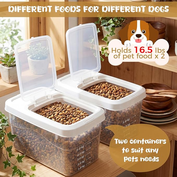 2 Pack 11 Lbs Airtight Dog Food Storage Container with Scoops | 2 Measuring Cups, Flip Lids, Clear Bins with Markings, Preserve Freshness, Pet Dog Cat Rice Grain Treat Storage