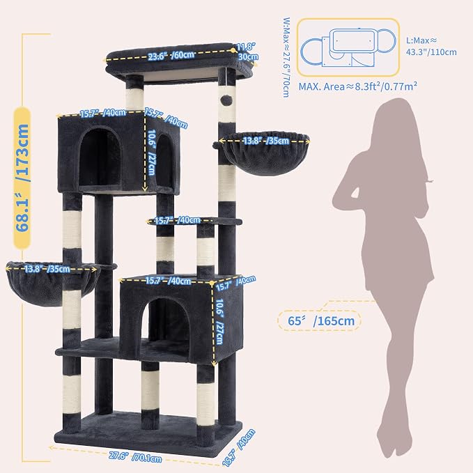 Heybly 68.1" Cat Tree with Oversized Top Platform & Wide Base HCT059G | Heavy Duty Cat Tower for Large Indoor Cats with 2 Condos, 2 Hammocks, 10 Sisal Scratching Posts, Stable Cat House, Smoky Gray