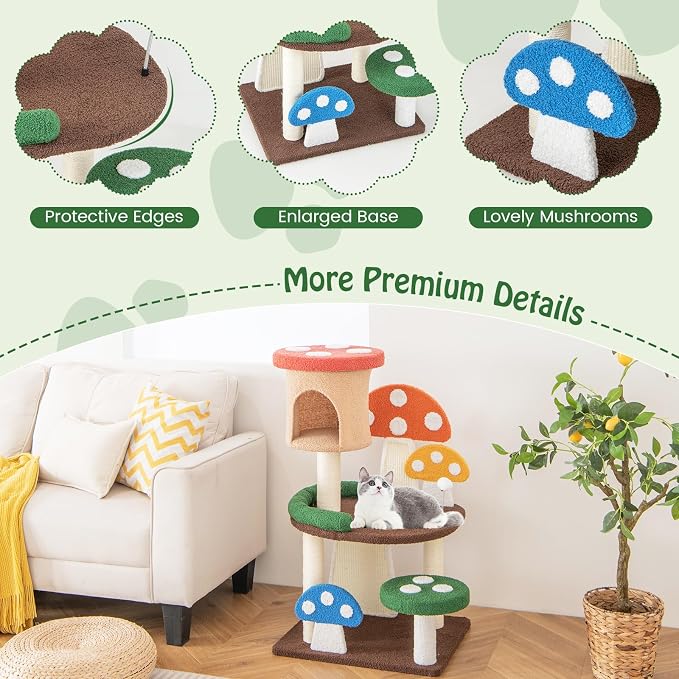 Tangkula Patented Mushroom Cat Tree, Cute Cat Tower with Full-Wrapped Sisal Post, Scratching Board & Spring Ball, Cat Condo, Flower Cat Tree Tower for Indoor Cats Large Adult (40.5 Inch)