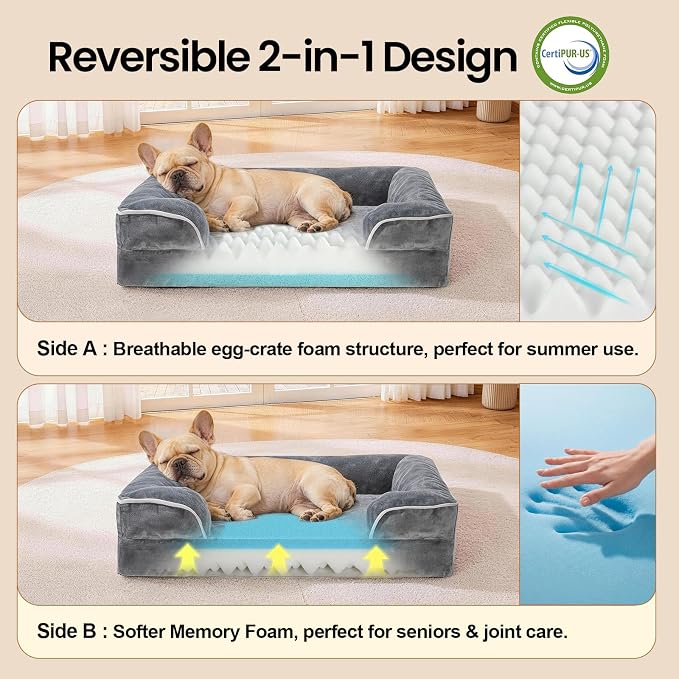 OhGeni Orthopedic Dog Bed Couch Cat Sofa for Medium Sized Pets with Memory Foam, Machine-Washable Waterproof Removable Cover, Soft Comfortable Fabric, 28-inch (Gray)