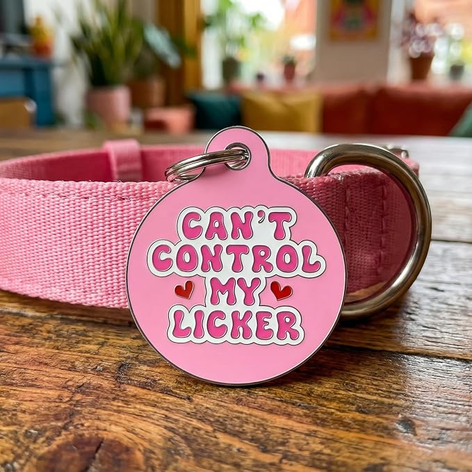 Bad Tags Personalized Dog and Cat ID Tags in 25+ Designs and 2 Sizes - 5 Lines of Custom Engraved Text - Funny Cute Personalized Pet Tags (Can't Control My Licker - Pink, Small (1 inch))