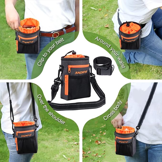 AMZNOVA Dog Treat Pouch Treatnow Dog Treat Bag, 6 Cups, Heather Black | Training Pouch with Waist Belt & Clicker for Training & Walking, Waist Clip On Snack Fanny Pack for Pet
