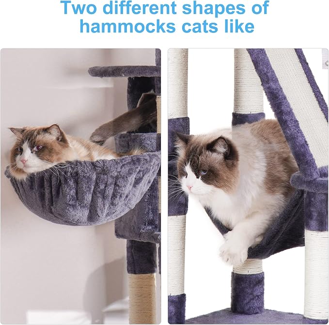 Hey-brother Cat Tree Tower with Padded Platform Bed, Toy Balls, MPJ019G | 61 Inches Cat House with Large Cozy Condo, Plush Hammocks and Sisal Scratching Posts for Indoor Multi-Cats, Smoky Gray