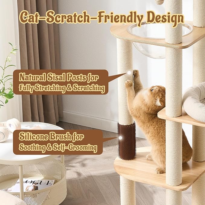 Modern Solid Wood Cat Tree for Indoor Cats Up to 15lbs, 60" Tall & Wide Cat Tower with Scratching Posts, Scratcher & Self-Grooming, Large Cat Beds, Capsule Nest, Multi-Level Cat Furniture