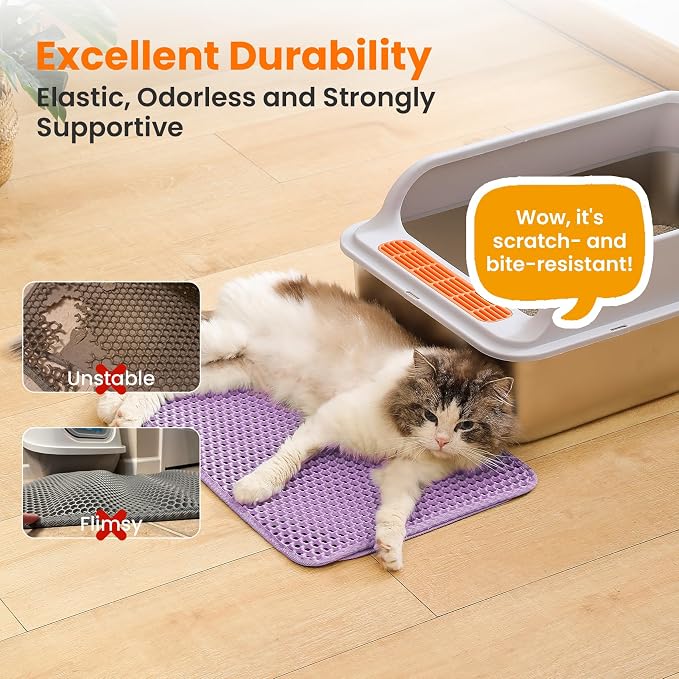 Small Cat Litter Mat, Double Layer Honeycomb Litter Box Mat | 20x14”, Reduces Litter Tracking, Waterproof, Non-Slip, Soft on Paws, Scratch Resistant, Easy to Clean, Purple