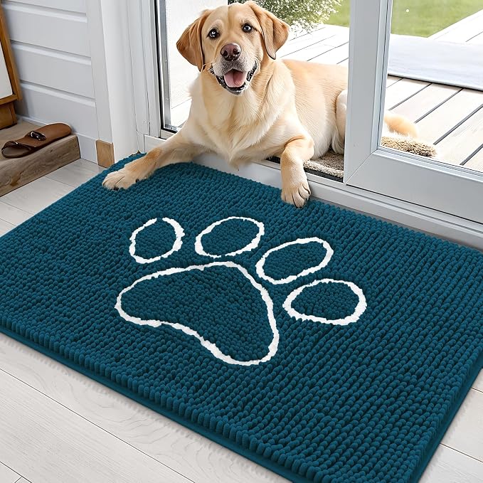 OLANLY Dog Door Mat for Muddy Paws 35x24, Paw Print Design Chenille Mud Mat | Atlantic Blue, Absorbent, Traps Moisture and Dirt, Non-Slip Washable Doormat, Quick-Dry Indoor Entryway Floor Carpet for Dogs