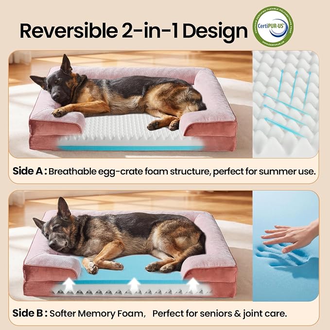 OhGeni Orthopedic Dog Bed Couch Big Cat Sofa for Extra Large Sized Pets with Memory Foam, Machine-Washable Waterproof Removable Cover, Soft Comfortable Fabric, 44-inch (Pink)
