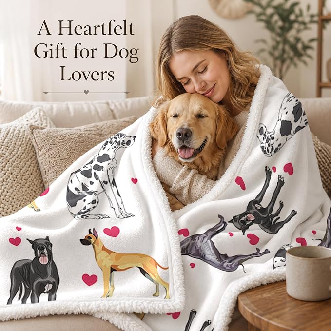BlessLiving Great Dane White Throw Blanket with Dense Black Dog Patterns Sherpa Fleece Blanket Couch Bed, Soft Cozy Warm Pet Blankets for Puppy Lovers Cute Animal Print Gift 50x60 Inches