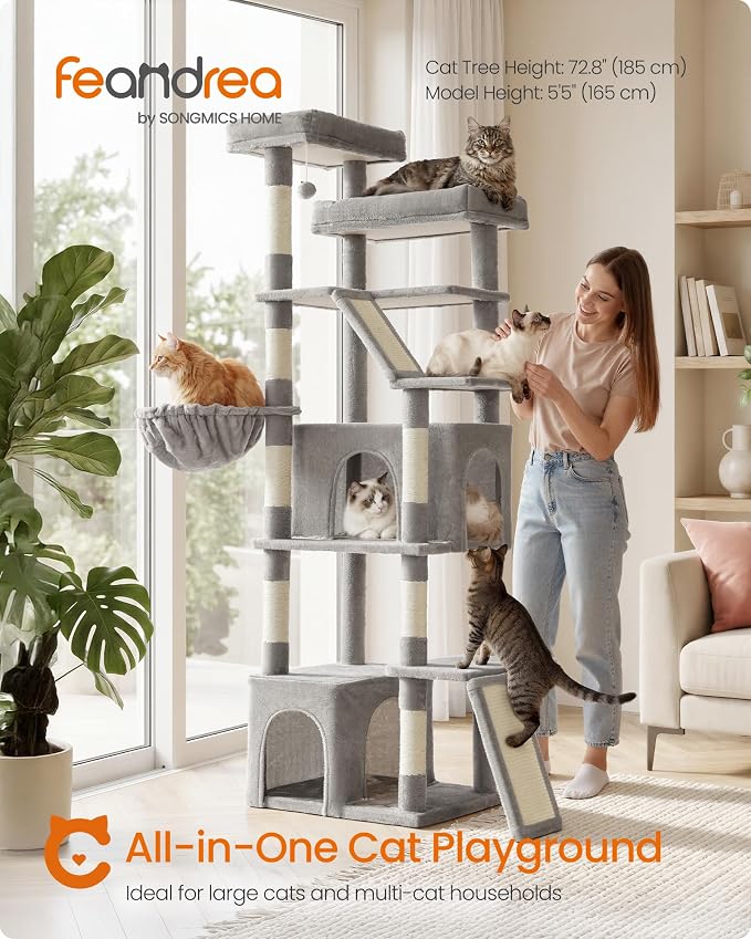 Feandrea 72.6-Inch Tall Cat Tree Tower for Indoor Extra Large Cats, Scratching Posts, Scratching Boards, Multi-Level Design, Dove Gray UPCT014G101S