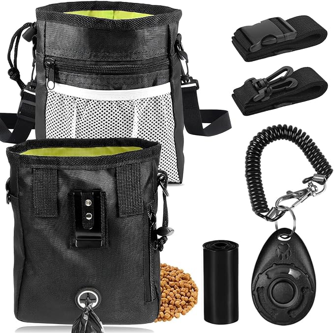 JIURUN 3-in-1 Dog Treat Pouch for Training, Hands-Free Dog Training Treat Bag with Clicker & Poop Bag Dispenser, Adjustable Waist Pack with Belt Loop Clip for Dog Walk, Park, Outdoor Essentials