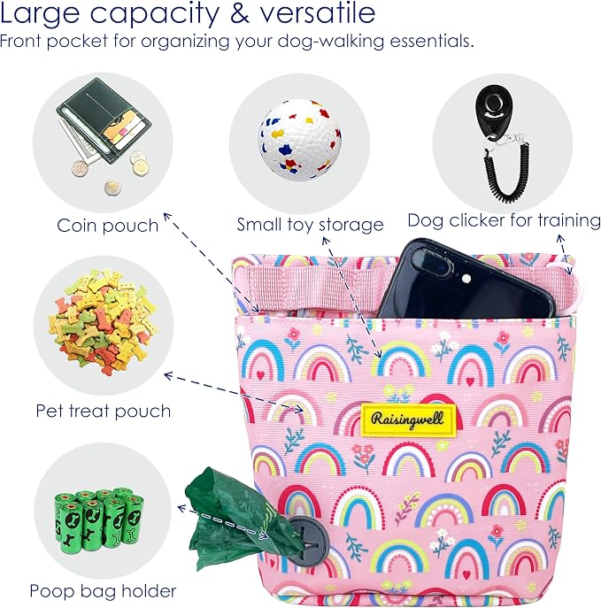 Raisingwell Dog Treat Pouch for Pet Walking and Training with Clicker 2 Cup Silicone Bag Small Fanny Pack Holder for Puppy Snack Dispenser Kit for Leash and Outdoor Use (Rainbow)