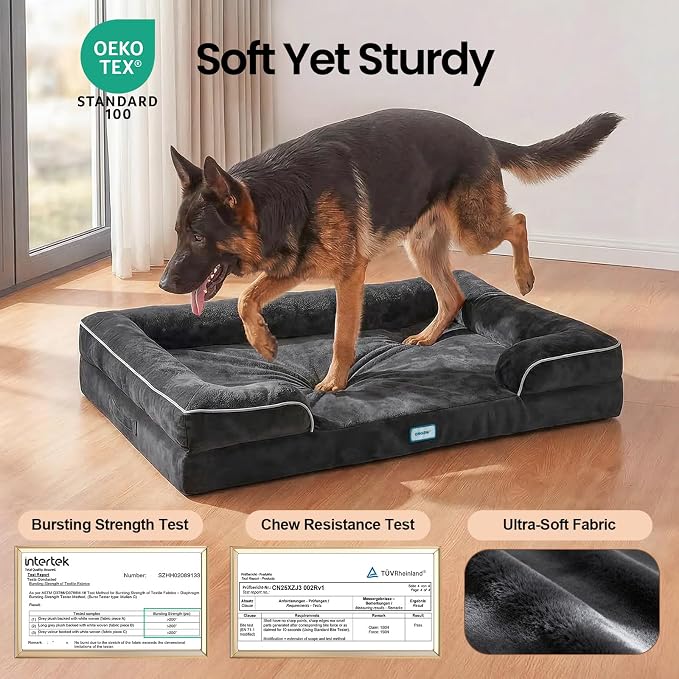 OhGeni Orthopedic Dog Bed Couch Big Cat Sofa for Extra Large Sized Pets with Memory Foam, Machine-Washable Waterproof Removable Cover, Soft Comfortable Fabric, 44-inch (Black)
