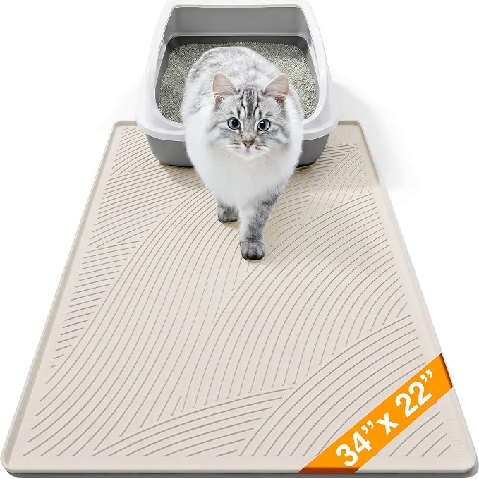 Cat Litter Box Mat - L Large Size 34 x 22 in, Water Proof, Kitty Litter Trapping Mat, Easy to Clean, Scatter Control, Odorless, Pet Supplies for Indoor Cats, Warm Beige