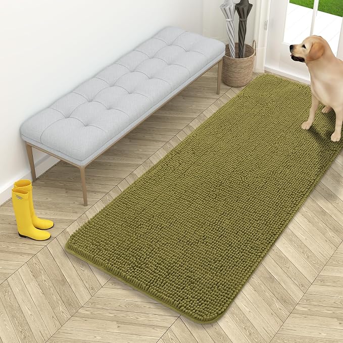 OLANLY Dog Door Mat for Muddy Paws 54x24, Super Absorbent Chenille Mud Mat | Willow Green, Absorbs Moisture and Dirt, Non-Slip Machine Washable Doormat, Quick-Dry Indoor Entryway Floor Carpet for Dogs