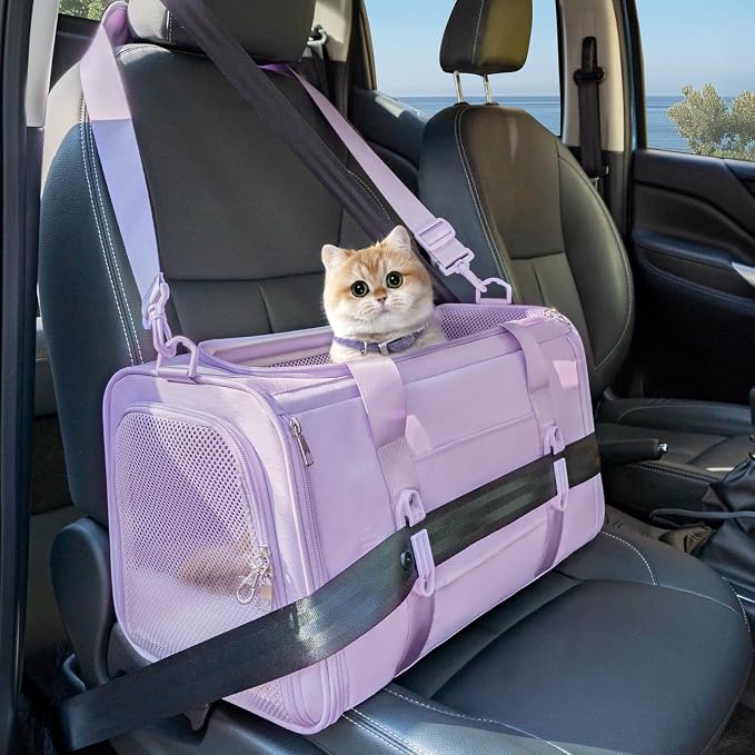 PETSFIT Soft-Sided Cat Carrier with Patented Safety Buckles, Lockable Zippers & Safety Tether,Escape-Resistant Travel Pet Carrier for Car Rides & Vet Visits, Airline Approved Under-Seat, Up to 12 lbs