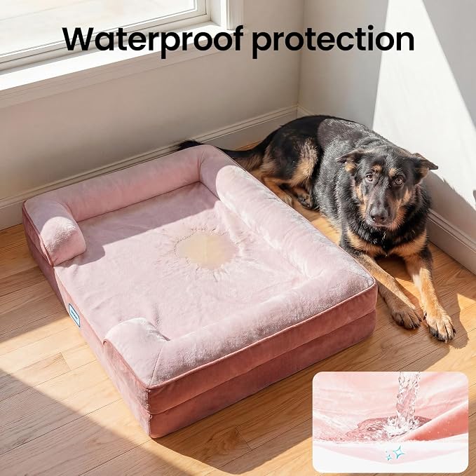 OhGeni Orthopedic Dog Bed Couch Big Cat Sofa for Extra Large Sized Pets with Memory Foam, Machine-Washable Waterproof Removable Cover, Soft Comfortable Fabric, 44-inch (Pink)
