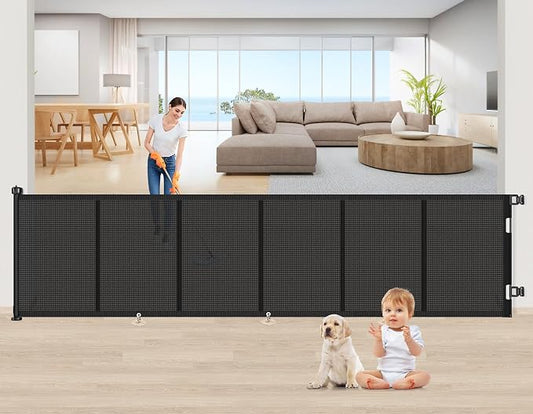 Upgrade 150 inch Retractable Baby Gates, EZIGO Extra Wide Baby Gate for Large Opening Extra Long Mesh Gate for Kids or Pet Dog Gate Child Safety Gate for Stairs Hallways Doorway Indoor Outdoor, Black