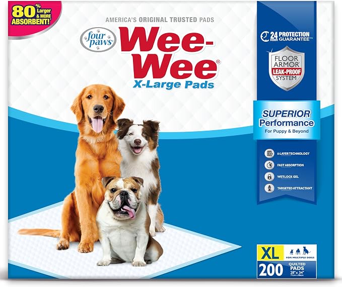 Four Paws Wee-Wee Superior Performance Extra Large Pee Pads for Dogs with Runoff Barrier Edge Guard Protection, Puppy & Dog Potty Training Pads, Housebreaking Supplies, 28" x 34" (200 Count)