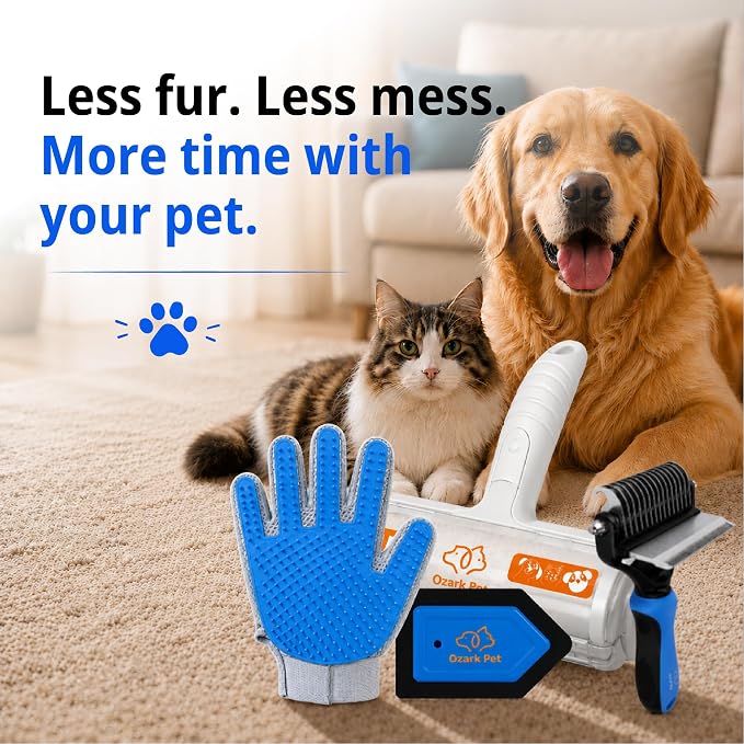 4-in-1 Pet Care & Pet Hair Control System for Dogs & Cats – Deshedding Tool, Pet Hair Remover, Grooming Glove & Detail Cleaner for Furniture Couch Carpet Home & Car (Blue, Combo 4-in1 Small)