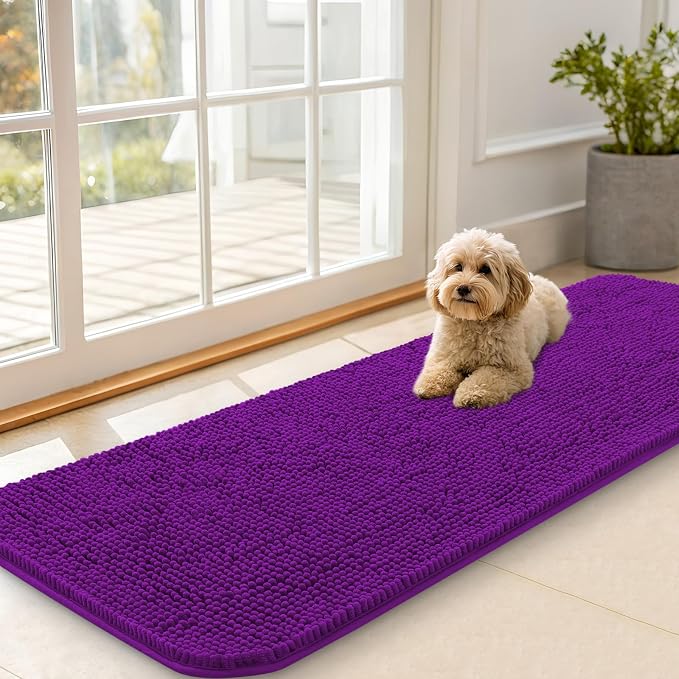 OLANLY Dog Door Mat for Muddy Paws 59x20, Super Absorbent Chenille Mud Mat | Purple, Absorbs Moisture and Dirt, Non-Slip Machine Washable Doormat, Quick-Drying Indoor Entryway Floor Carpet for Dogs