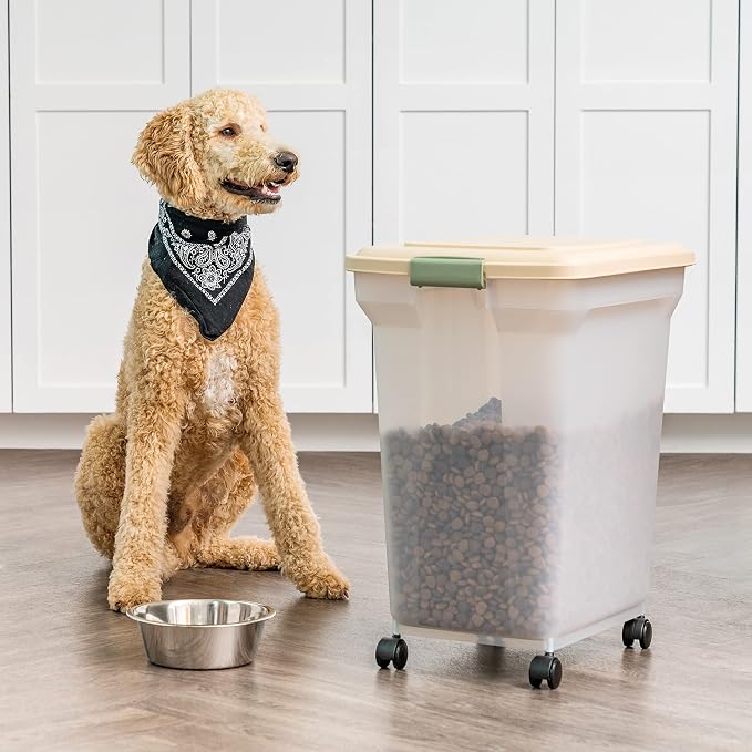 IRIS USA Dog Food Storage Container, Up to 58 lbs, Almond, Made in USA | Wheels for Mobility, Airtight Seal, BPA-Free, Best for Bird Seed, Cat food, Cat Litter, Chicken Feed, Pellets