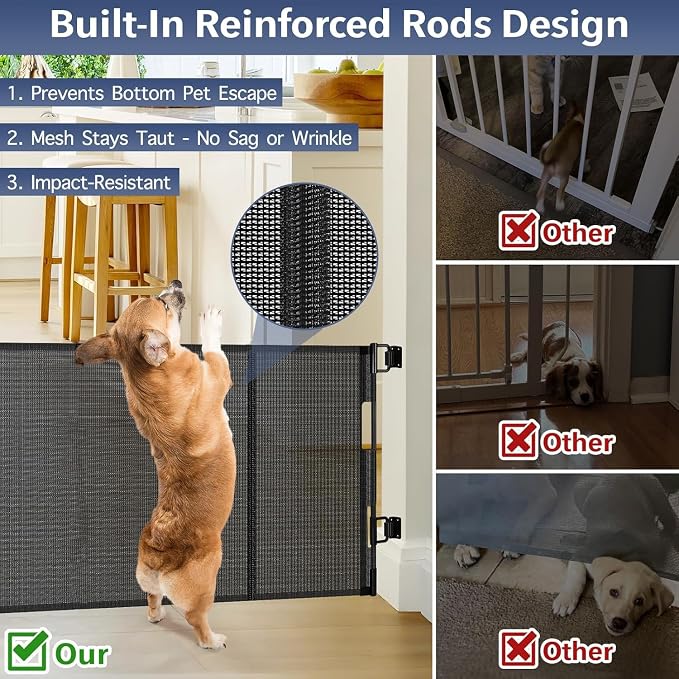 Reinforced 18 Inch Tall Retractable Dog Gate for Stairs, 55" Wide Step Over Pet Gate for Doorways, Small Pet Gate Retractable Gate Indoor/Outdoor Short Gate for Small Dogs - No Bottom Squeeze, Black