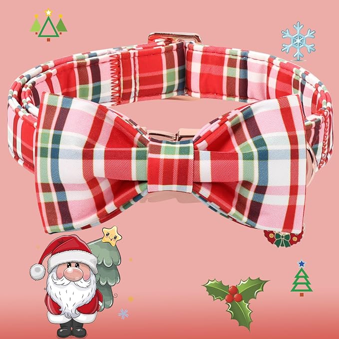 DOGWONG Christmas Dog Collar with Bow Tie - Christmas Red Plaid Puppy Collar, Adjustable Red Checkered Dog Collars for Girl Boy Dogs, S