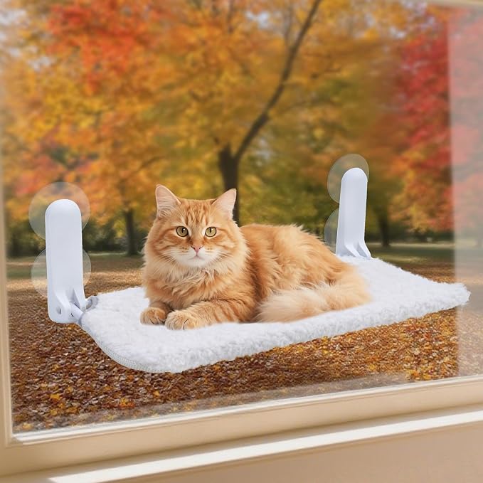 SMOUATOU Cat Window Perch, Cordless Foldable Cat Hammock Bed with 4 Suction Cups, Embeded Machine Washable Bed for Indoor Cats, Strong Metal Frame Holds 40lbs (Beige)