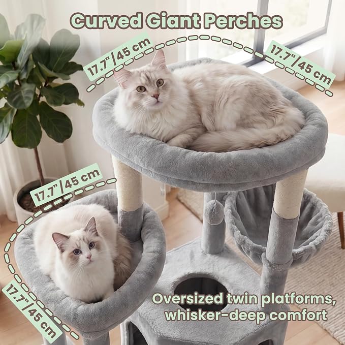 Cat Tree, Heavy Duty Cat Tower with Dual Platforms VCT002W | Oversized Diamond Condo for Large Cats, Sturdy Cat Furniture with Cozy Basket, Sisal Scratching Board & Posts, Light Gray