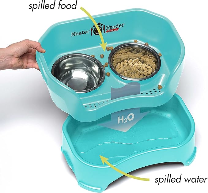 Neater Pet Brands Neater Feeder Deluxe Mess Proof Cat Bowls Elevated, Made in USA, No Spill Raised Bowls for Indoor Cats, Stainless Steel Food and Water Bowl Set, Pet Dish Feeding Station, Aquamarine