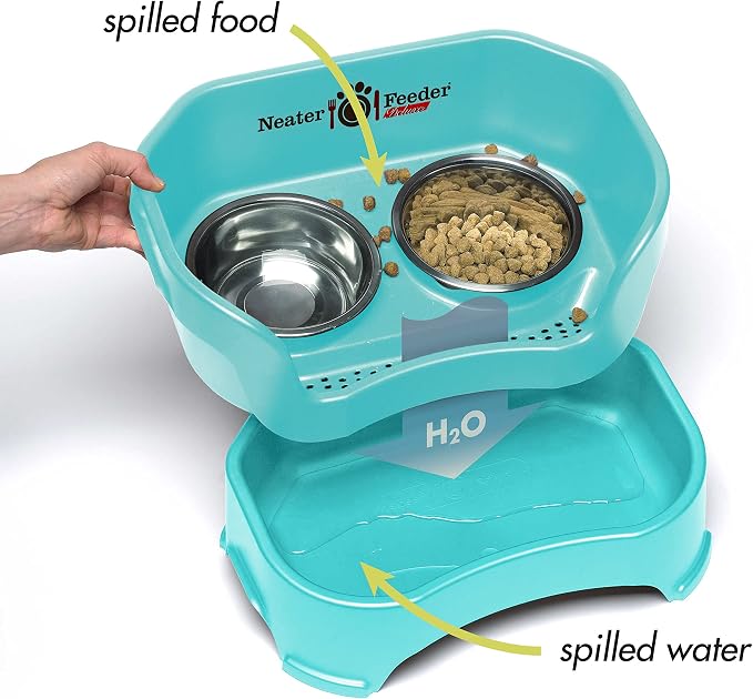 Neater Pet Brands Neater Feeder Deluxe Mess Proof Dog Bowls Elevated for Medium Dogs 19-40 lbs, Made in USA, No Spill Raised Dog Food Bowl Stand Feeding Station, Food and Water Bowl Set, Aquamarine
