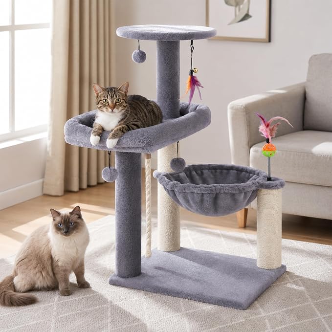 Multi-Level Cat Tree for Indoor Cats, Cat Tree Tower with Big Cat Hammock Indoor Climbing Activity Tower with Scratching Posts, Grey