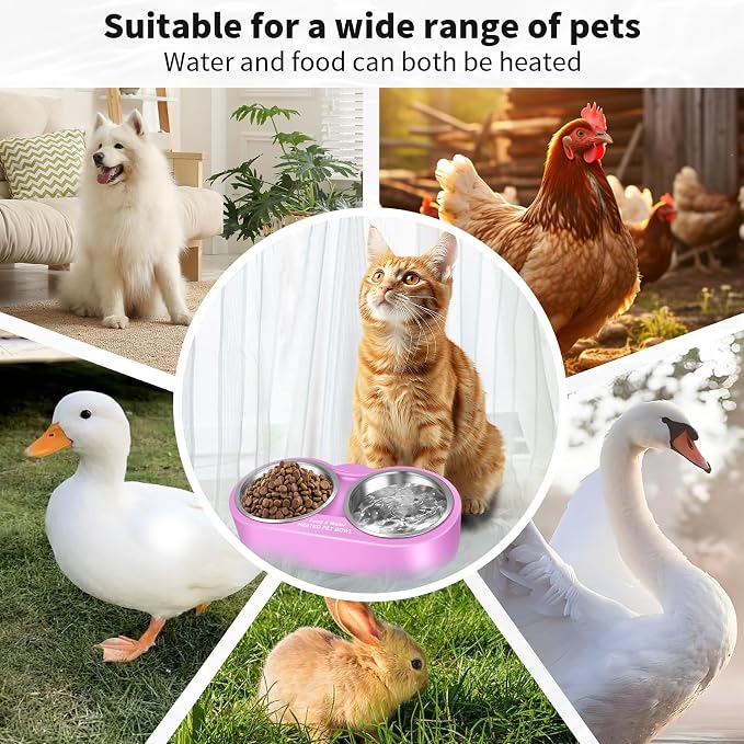 Heated Water Bowl for Dog & Cat, Outdoor Indoor Heated Pet Bowl with 2 Stainless Steel Bowl 48 OZ Large Capacity Provide Non Freezing Water & Food in Winter Double Heated Sink