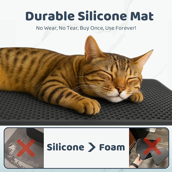 Silicone Cat Litter Mat 24x15" Double Layer Honeycomb Non-Slip | Food-Grade, Machine Washable, Anti-Crease, Claw-Proof, Raised Edges, 24 x 15‘’ Fits Standard Box, Soft on Paws