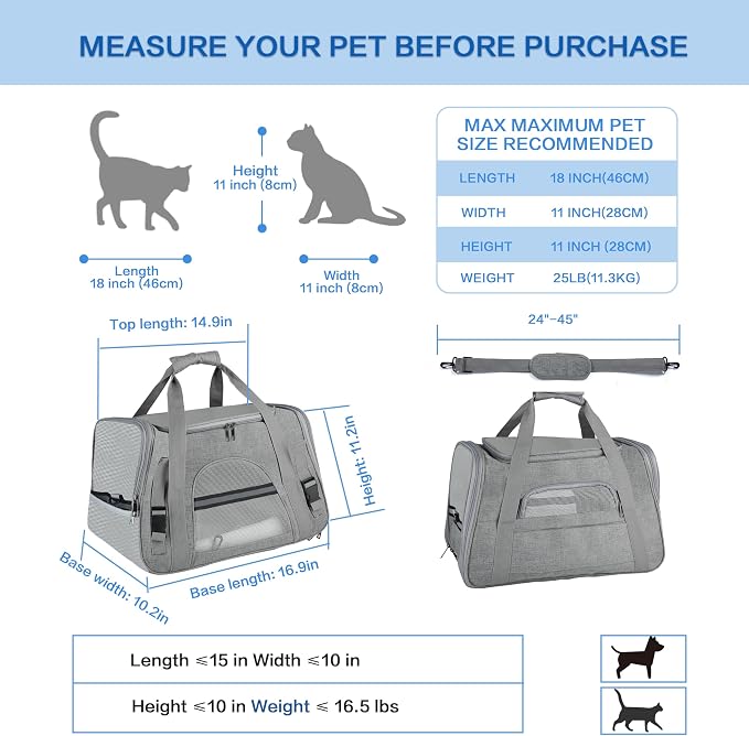 FluffyDream Pet Travel Carrier Soft Sided Portable Bag for Cats, Small Dogs, Kittens or Puppies, Collapsible, Durable, Airline Approved, Travel Friendly (Grey, 17.0" L x 10.0" W x 11.0" H) (Grey)