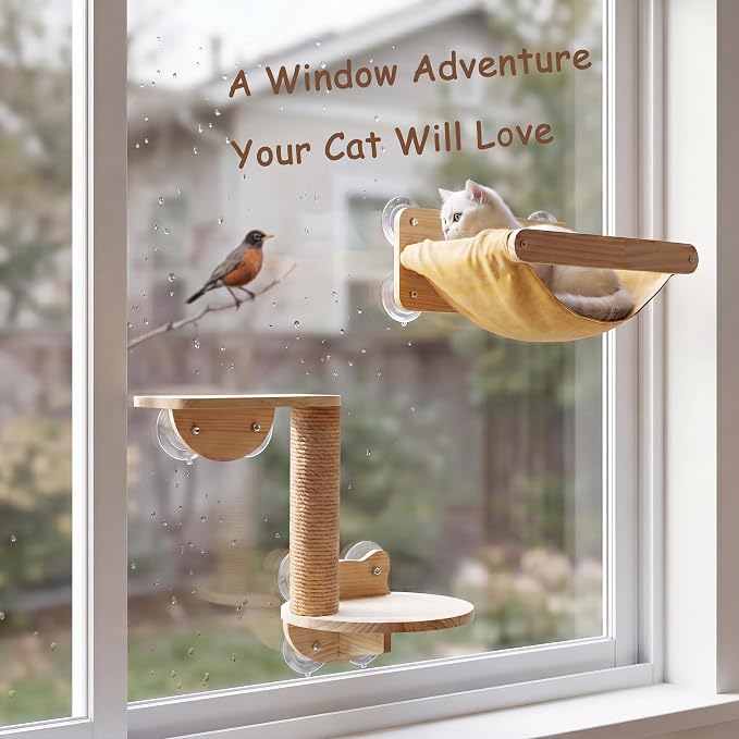Cat Window Hammock Bed 4pcs/Set Cat Window Perch for Indoor Cats Seat with Two Shelves and One Scratching Post Sunction Cup Mounted | 4pcs/Set,Drill-Free,Hold Up to 40 lb,For Small to Medium Cat to Climb, Scratch, Rest and Watch Outside,Machine-Washabl...