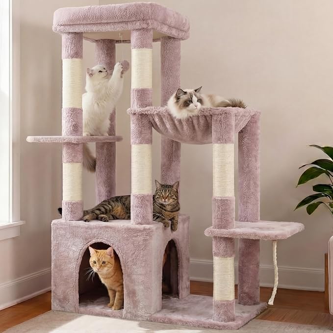 Heybly Heavy Duty Cat Tree with Large Base for Large Indoor Cats HCT026MU | Cat Tower with Scratching Posts, Tall Cat Condo House , Multi-Level Plush Furniture with Hammock & Toy Balls, Rosy Brown