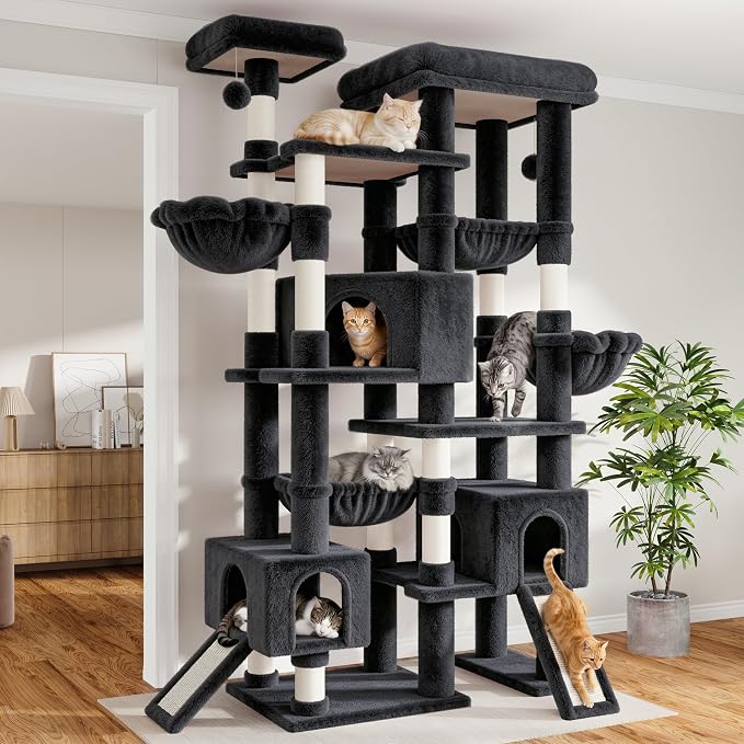 Sha Cerlin 87 in Multi-Level Tall Cat Tree Tower for Large Cats/Extra Wide Feline Activity Center/Sisal Scratching Posts/Wide Base/Cozy Plush Perches/Baskets/Hammocks/Toy Balls/Dark Grey