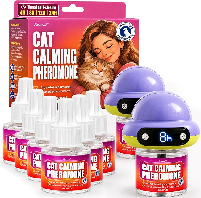 Cat Calming Pheromone Diffuser 2 Diffusers & 6 Refills, Smart Cat Calming Diffuser with 4/8/12/24-Hour Timer, Daily Auto-On, Helps Reduce Anxiety, Spraying & Scratching