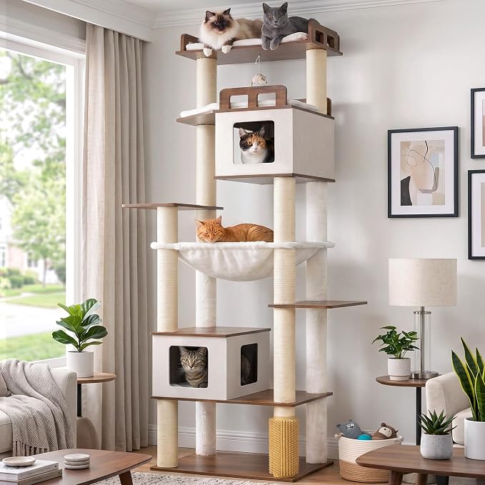 Cat Tree, Wooden Multi-Level Tower for Large Audlt Cats GCT104EB | 76" Cat House Furniture with Big Hammock, 2 Condos，Wood Platforms with Safety Railing, Sisal Scratching Posts, Earth brown