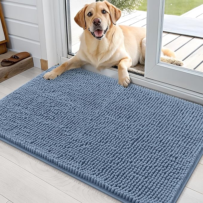 OLANLY Dog Door Mat for Muddy Paws 36x24, Super Absorbent Chenille Mud Mat | Airy Blue, Absorbs Moisture and Dirt, Non-Slip Machine Washable Doormat, Quick-Drying Indoor Entryway Floor Carpet for Dogs