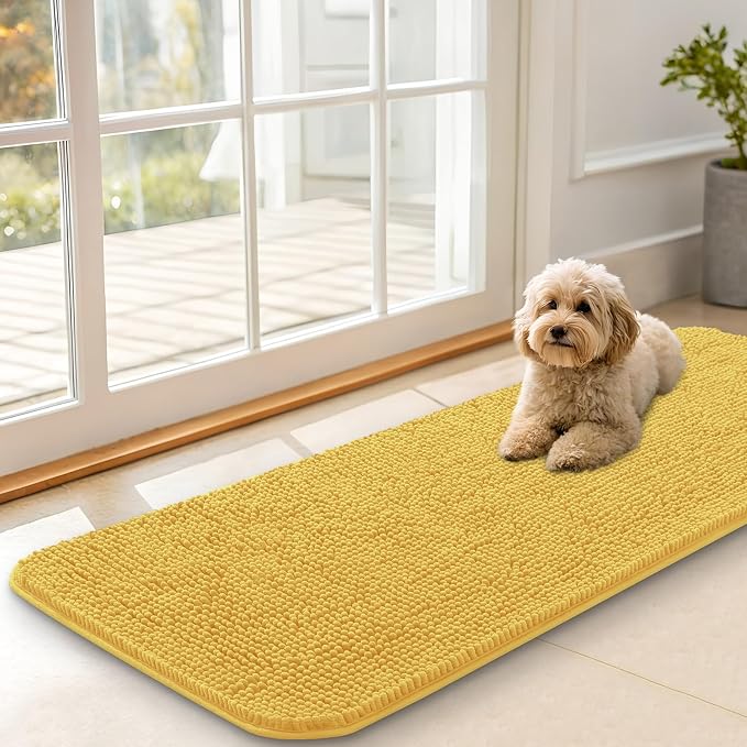 OLANLY Dog Door Mat for Muddy Paws 47x17, Super Absorbent Chenille Mud Mat | Yellow, Absorbs Moisture and Dirt, Non-Slip Machine Washable Doormat, Quick-Drying Indoor Entryway Floor Carpet for Dogs