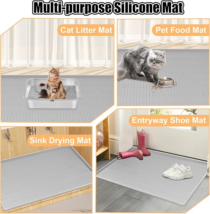 Silicone Cat Litter Mat 47" x 35" Cat Mat for Litter Box, Light Grey | Extra Large Cat Litter Trapping Mat for Floor, Waterproof, Non-Slip Kitty Litter Box Mat with Raised Edge, Easy to Clean