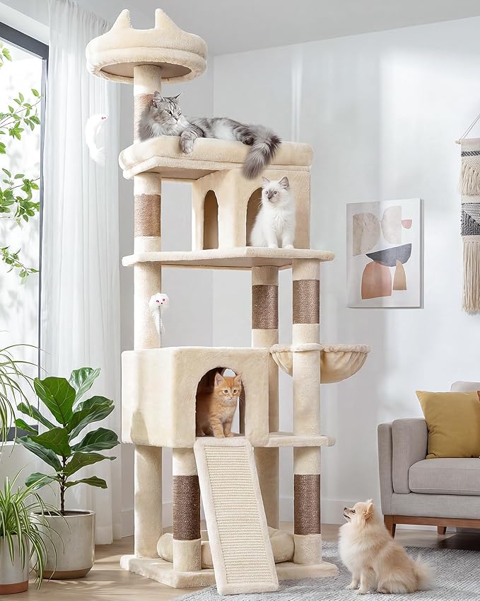 Globlazer Heavy Duty Cat Trees for Large Cats, Sturdy 72in Maine Coon Cat Tree for Large Cat 20 lbs+ Heavy Duty Cat Tower for Adult Biggest Cats with 6 Scratching Posts, Hammock, S72, Beige