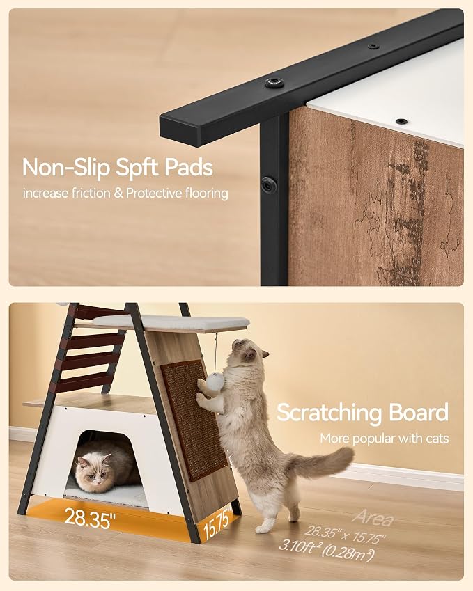 72.4" Cat Tree, Modern Cat Tower for Indoor Cats, Multi-Level Cat Condo with Caves, Tall Cat Tree with Cat Scratching Board, Wooden Cat Tower with Large Perch, Removable Pads, Camel Brown