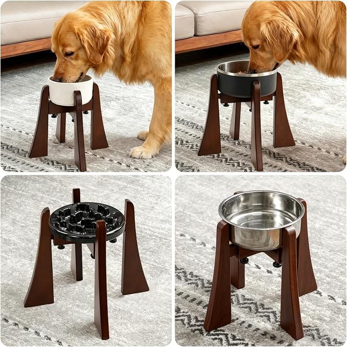 Solid Wood Elevated Dog Bowl Stand Set with Stainless Steel Bowl, 12-Inch | Raised Feeder with Adjustable Width Fits 6.3-7.8 Inch Dog Food Water Bowls, Non-Slip Base for Medium and Senior Dogs