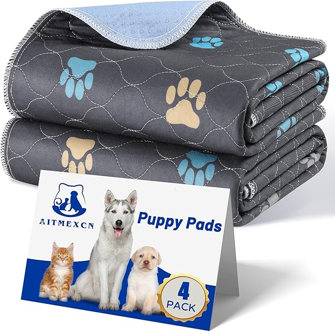 Aitmexcn Washable Pee Pads for Dogs, 4 Pack Reusable Puppy Pads, Absorbent Leak-Resistant Non-Slip Dog Mats for Puppy Training, Playpens, Crates and Senior Dogs (32"x36")
