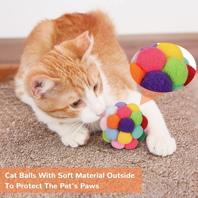 Retro Shaw Cat Toys Balls with Bells Inside, Kitten Toys Pack 6Pcs | Woolen Yarn Cat Balls, Soft Pompom Jingle Ball with String, Interactive Kitty Nip Toys for Indoor Cats