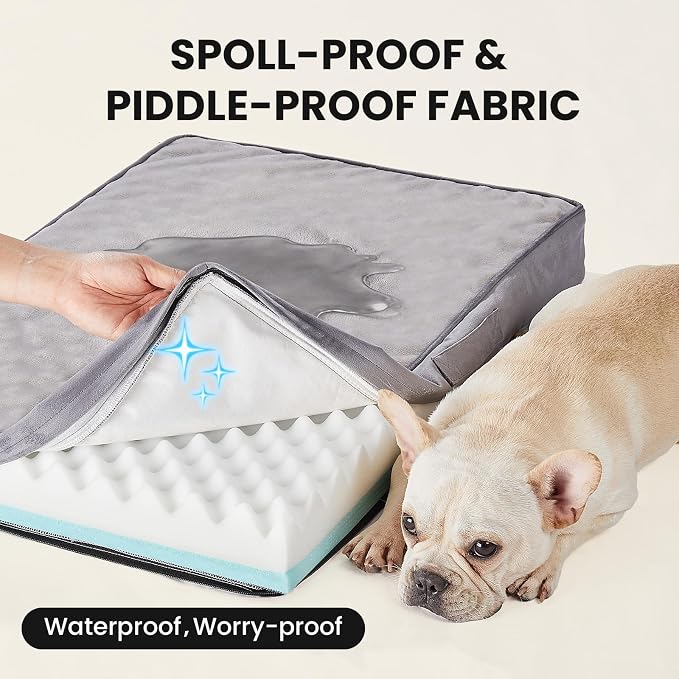OhGeni Orthopedic Waterproof Dog Bed for Medium Dogs, Machine-Washable Removable Cover in Easy-Clean Fabric, Reversible Memory Foam & Easy-Carry Handle, Suitable for Crate, 30 inch (Gray)