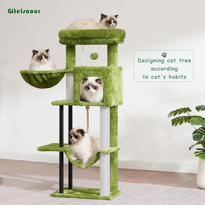Cat Tree, 43.3'' Cat Tower with Hammock for Kittens GCT004SGR | Cat Condo House for Small Indoor Cats, Basket, Scratching Post, Large Platform, Sturdy Steel Tube, Sisal Rope, Green